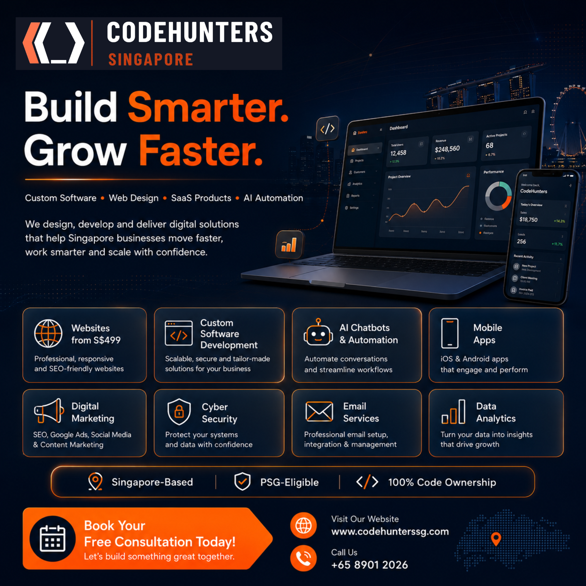 CodeHunters Singapore services overview — websites, custom software, AI chatbots, mobile apps, digital marketing, cybersecurity, email and data analytics