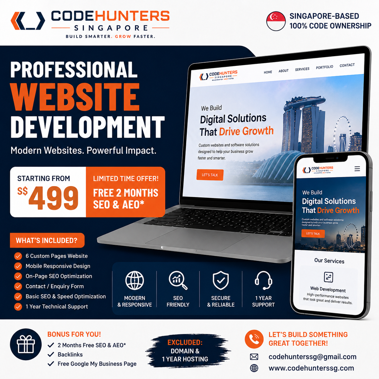 CodeHunters Singapore professional website development offer from S$499 with free SEO and AEO