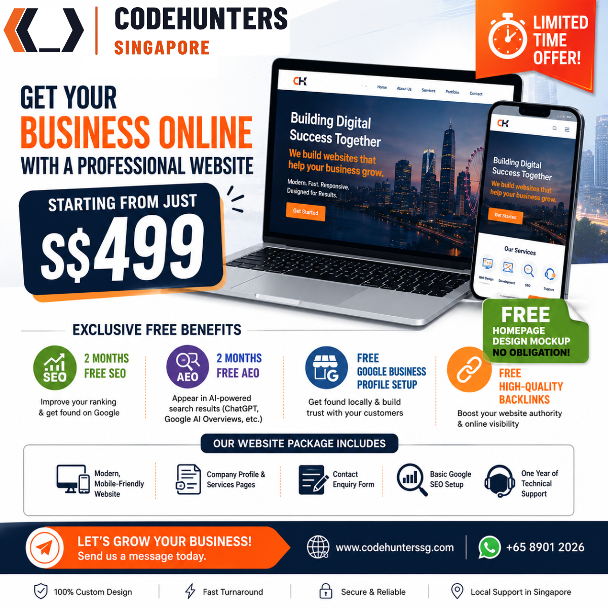 CodeHunters Singapore professional website package from S$499 with free SEO, AEO and Google Business setup